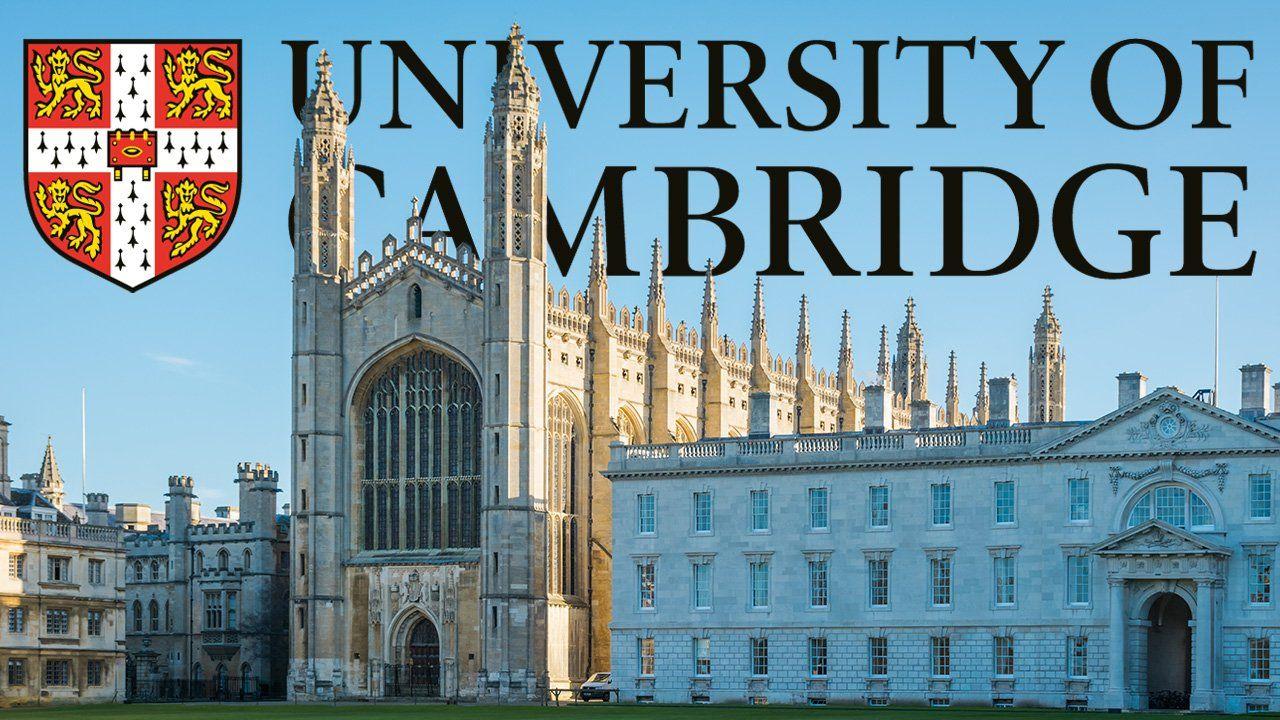 University of Cambridge logo and building with gothic architecture.