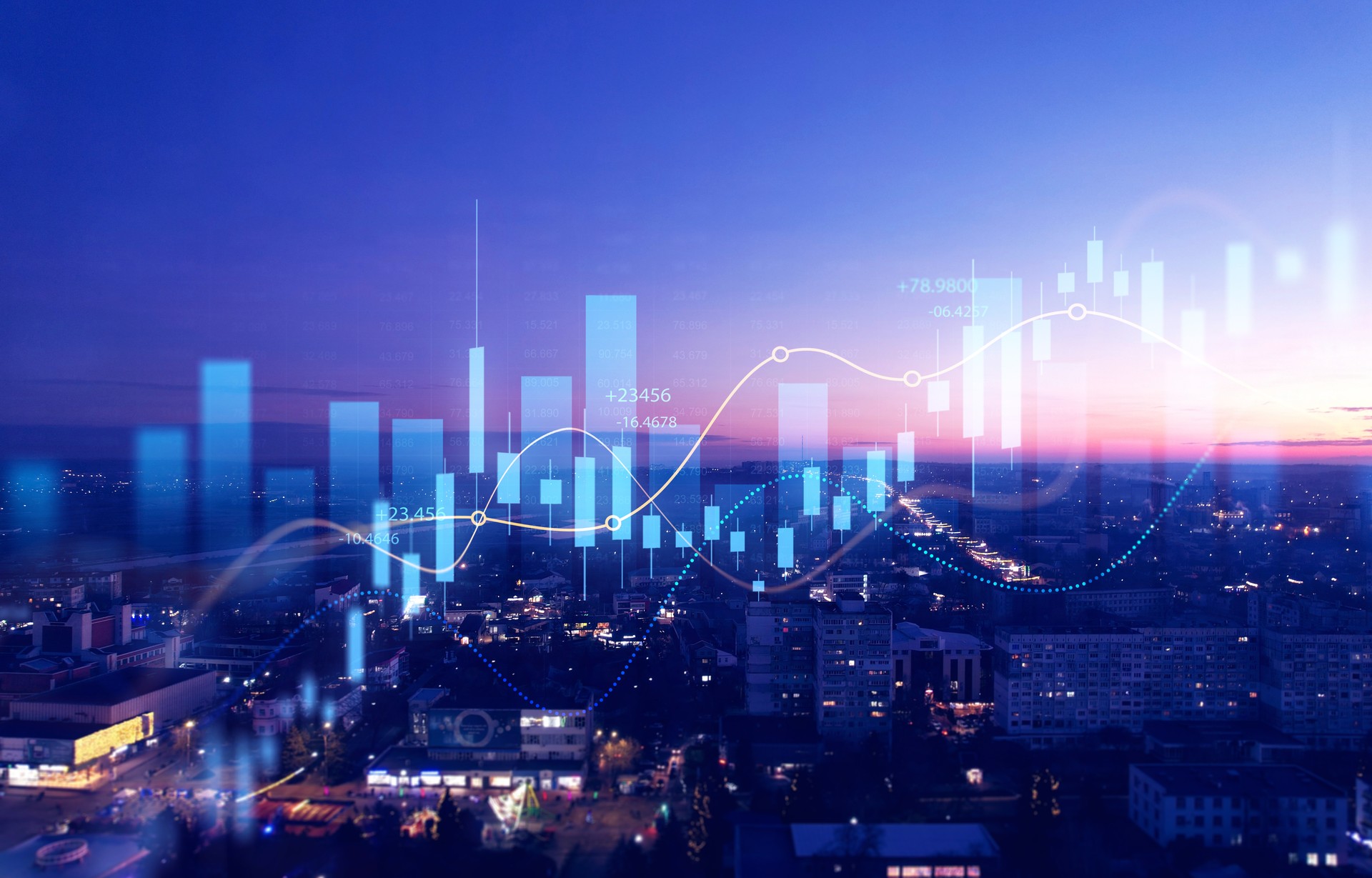 Big data chart on city backdrop.Trade technology, and investment analysis.Business development, financial plan and strategy.