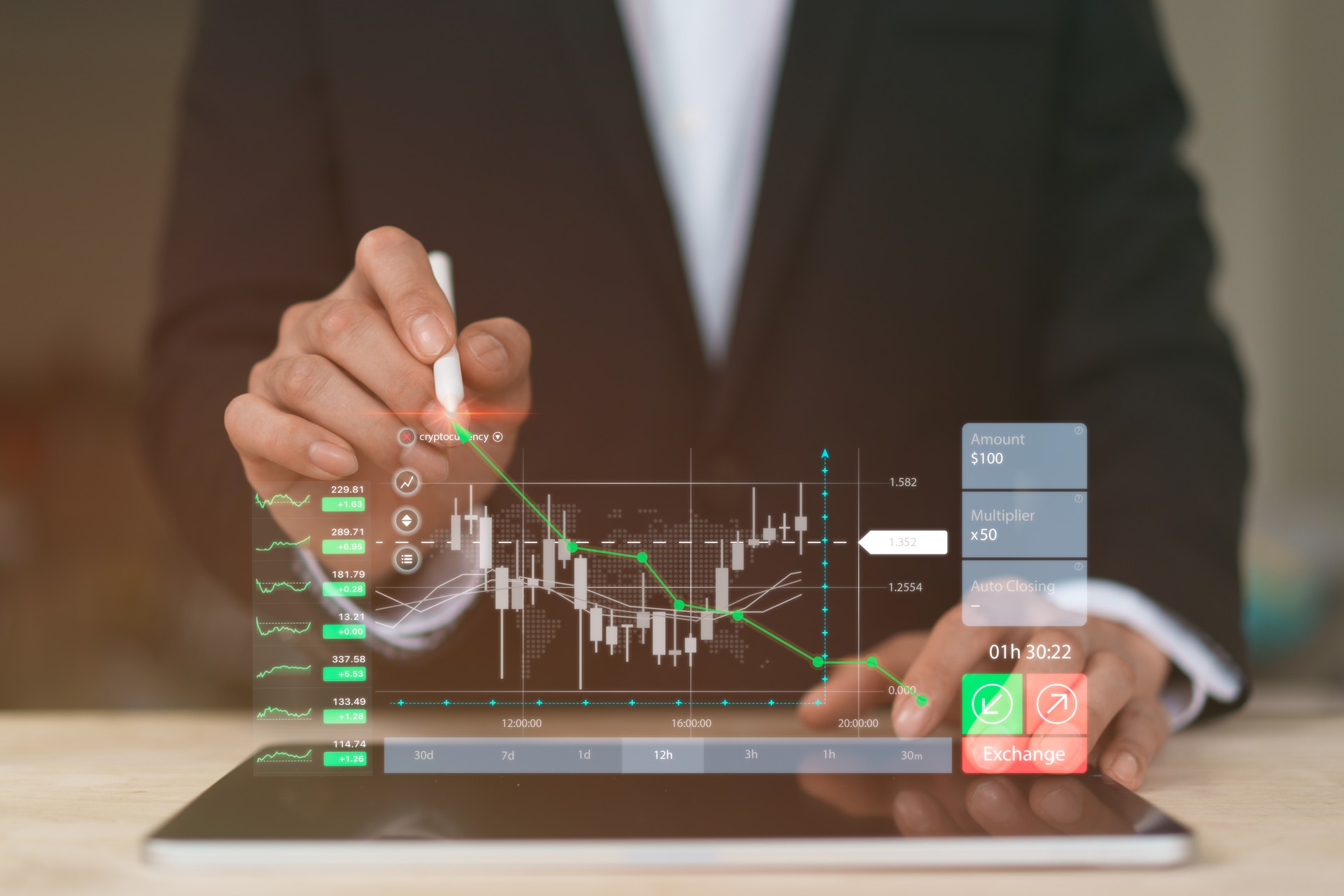 Business finance technology and investment concept, Businessman use stylus touch virtual graph. Analyze financial data chart trading forex, cryptocurrency, growth strategy Investing in stock markets.